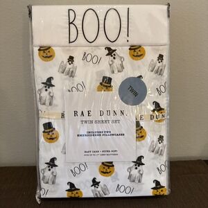 Rae Dunn Halloween Twin Size Sheet Set BOO‎ Pumpkins Jack O'lanterns Black White
